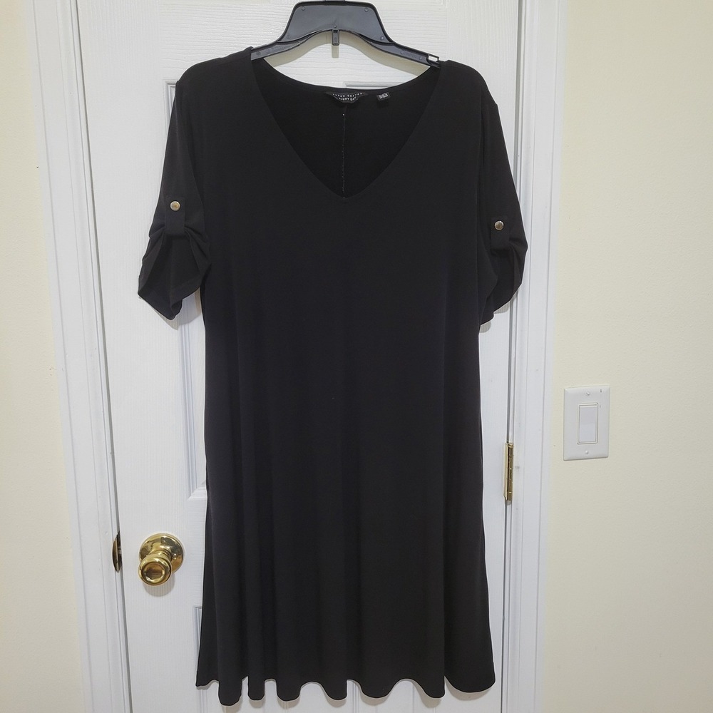 Susan Graver Everyday Black V-Neck Roll Tab Sleeve A-Line Dress 1XP Petite